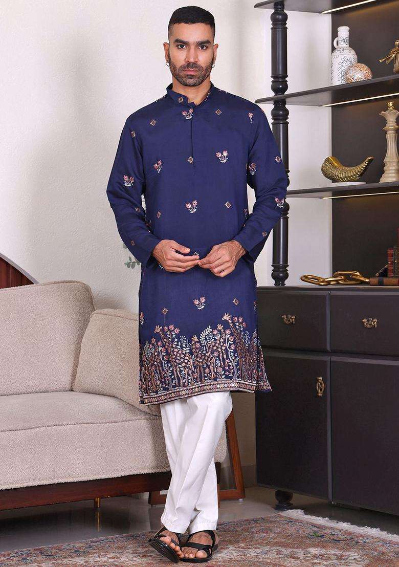 Blue Embroidered Viscose Kurta Set For Men - Indya