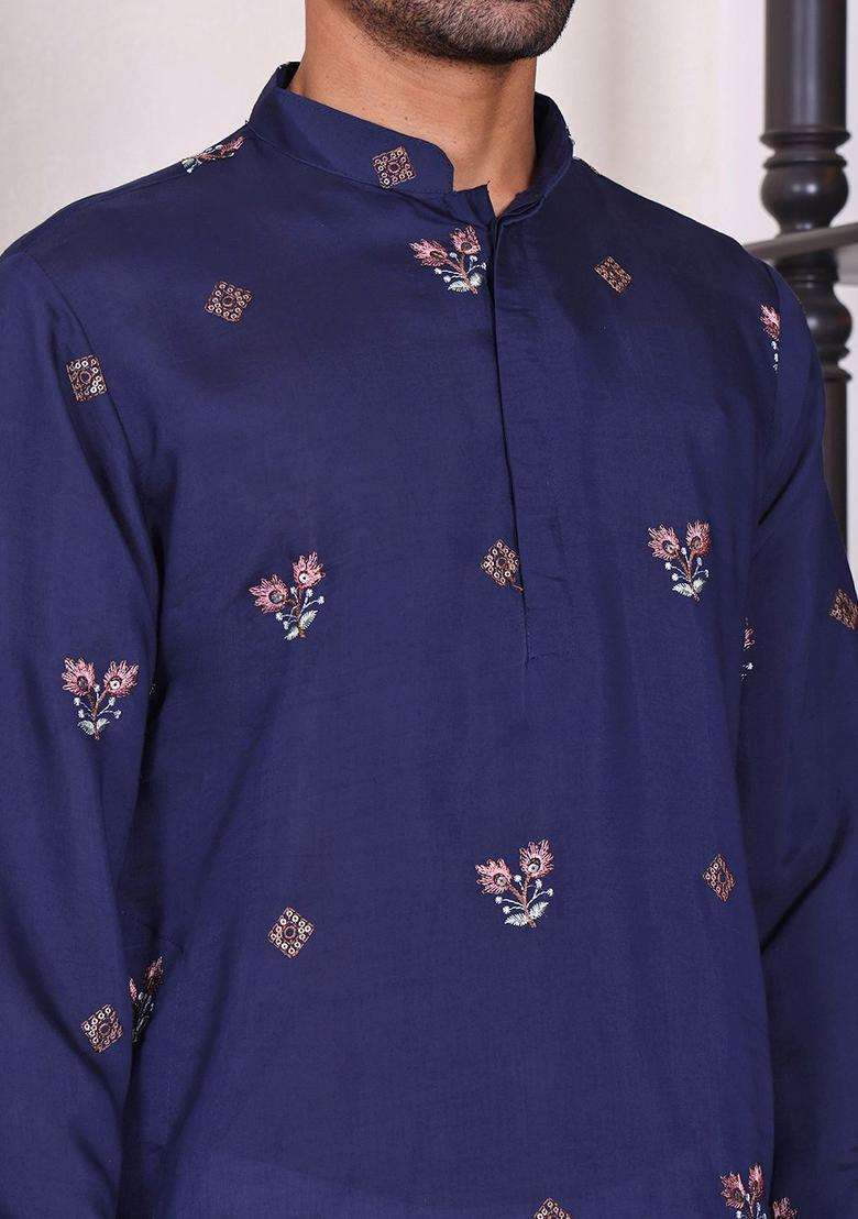 Blue Embroidered Viscose Kurta Set For Men - Indya