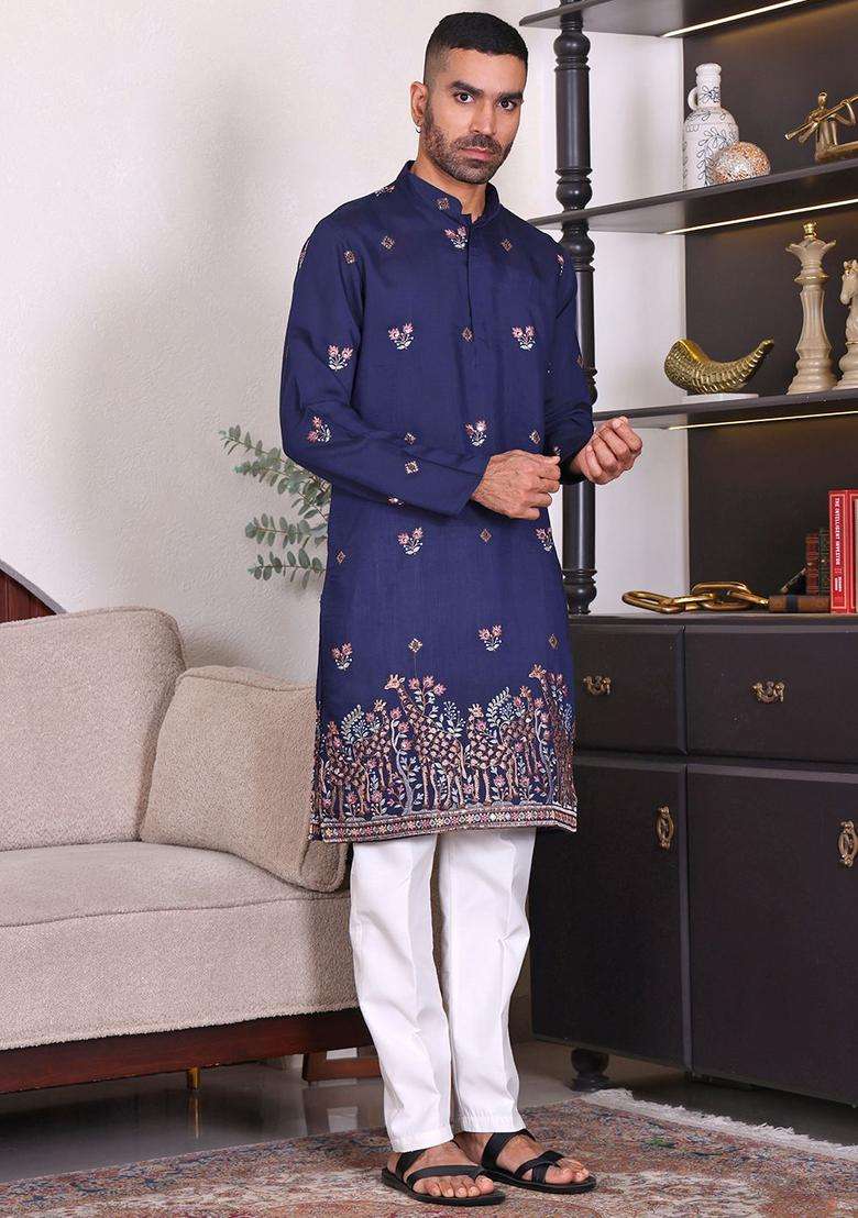 Blue Embroidered Viscose Kurta Set For Men - Indya