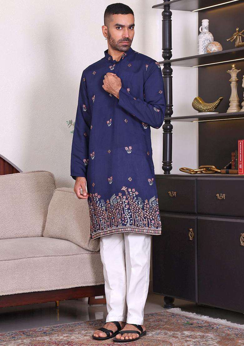 Blue Embroidered Viscose Kurta Set For Men - Indya
