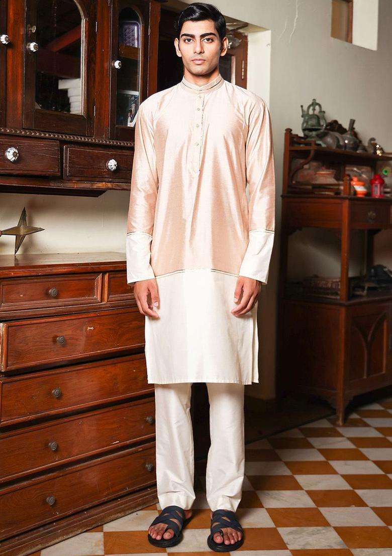 Beige Solid Silk Kurta Set For Men - Indya
