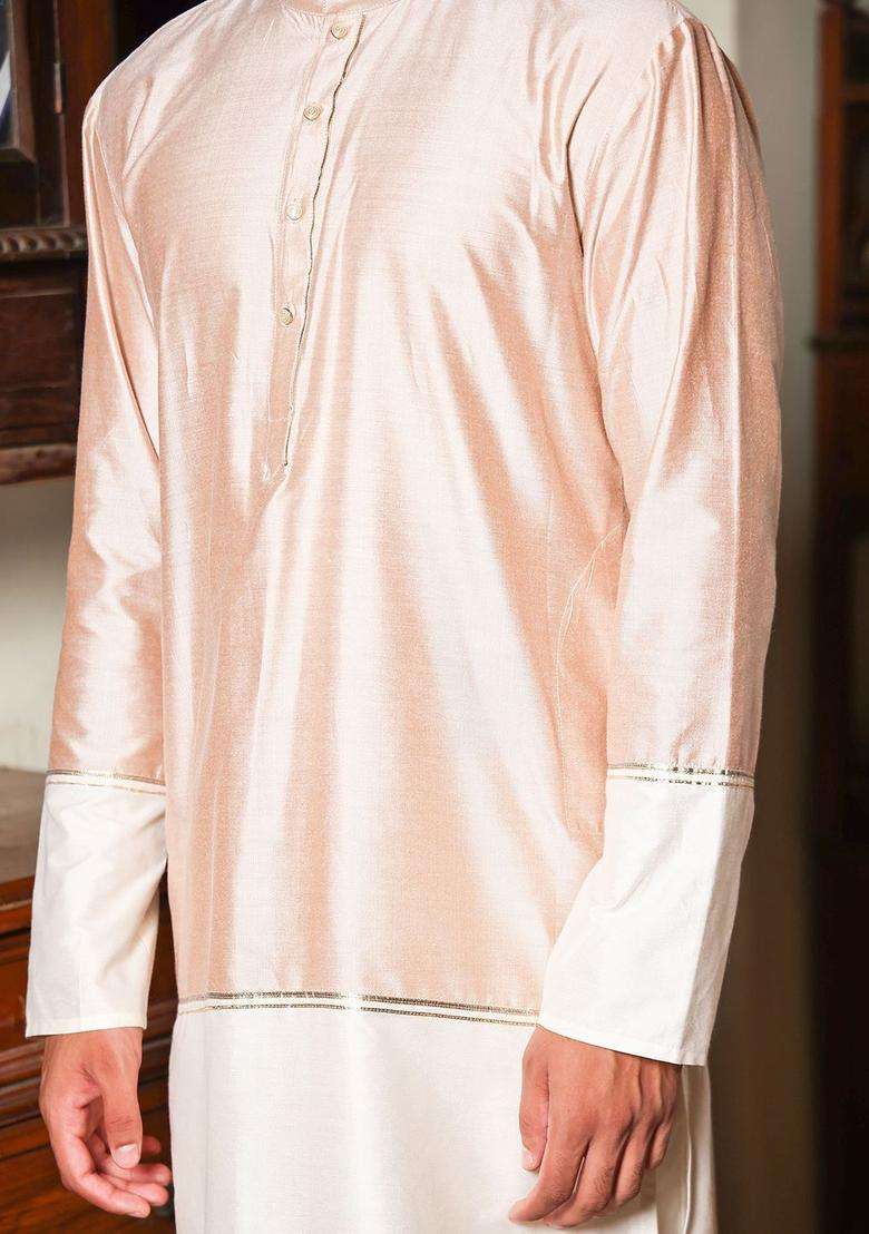 Beige Solid Silk Kurta Set For Men - Indya
