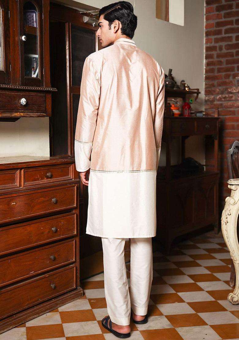 Beige Solid Silk Kurta Set For Men - Indya