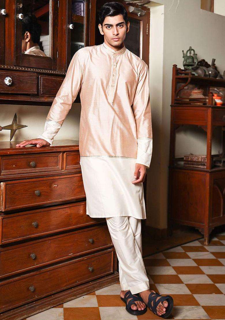 Beige Solid Silk Kurta Set For Men - Indya