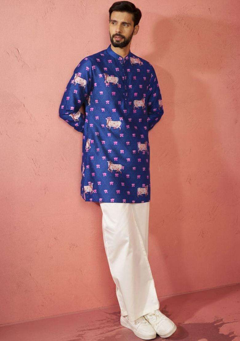 Blue Printed Silk Blend Kurta Set For Men - Indya