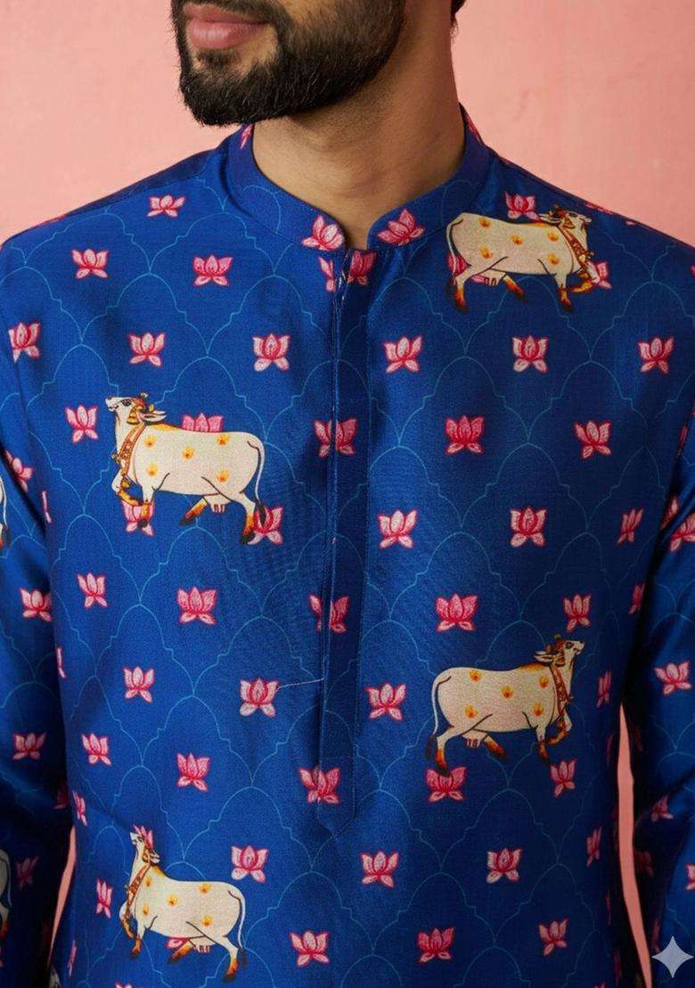 Blue Printed Silk Blend Kurta Set For Men - Indya