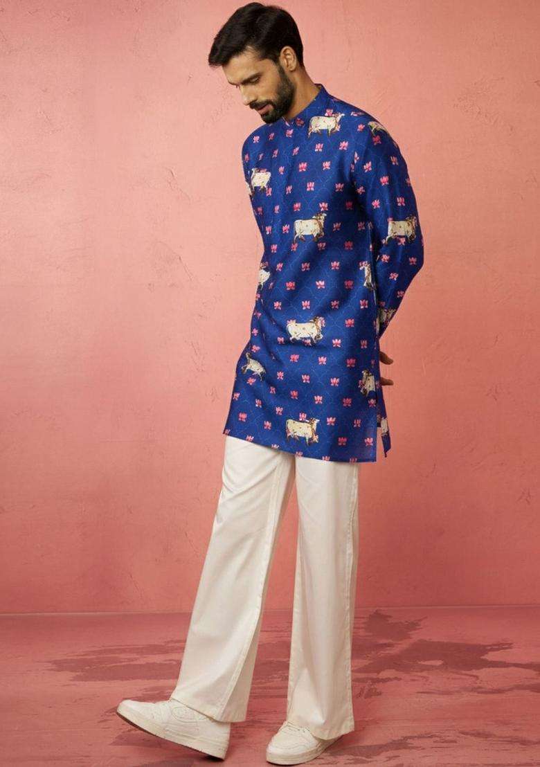 Blue Printed Silk Blend Kurta Set For Men - Indya