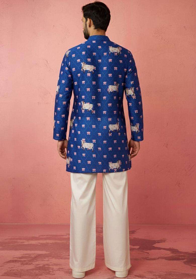 Blue Printed Silk Blend Kurta Set For Men - Indya