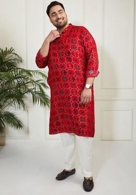 Red Printed Viscose Kurta Set For Men