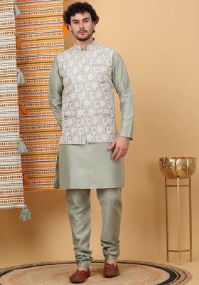 Olive Embroidered Silk Kurta Set For Men