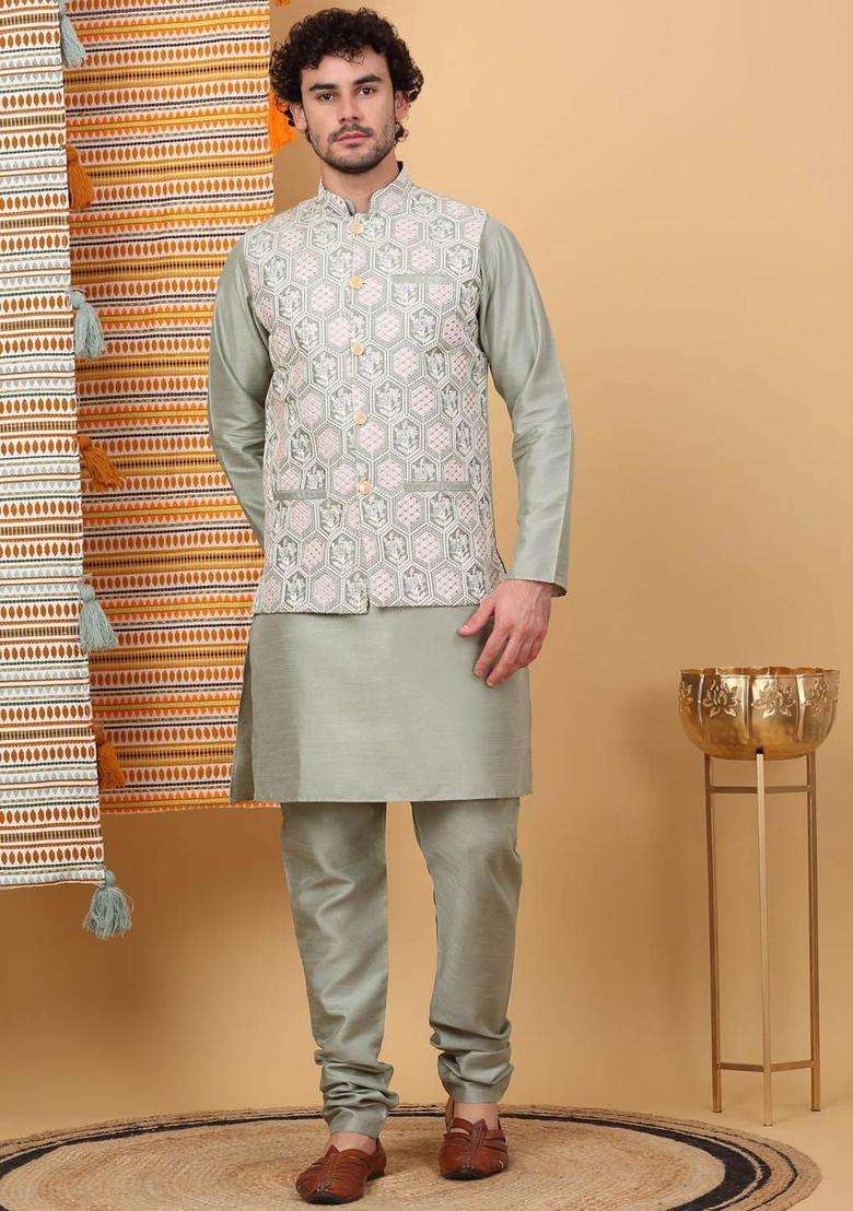 Olive Embroidered Silk Blend Kurta Set For Men - Indya