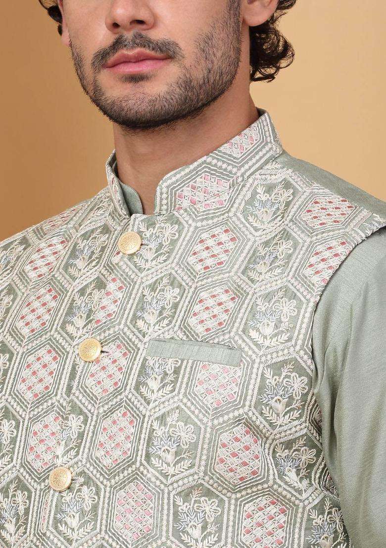 Olive Embroidered Silk Blend Kurta Set For Men - Indya
