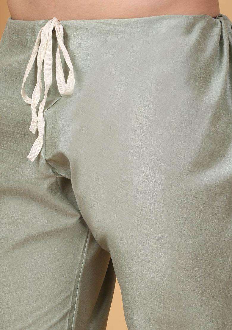 Olive Embroidered Silk Blend Kurta Set For Men - Indya