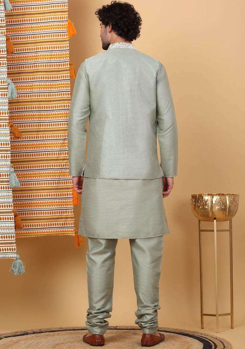 Olive Embroidered Silk Blend Kurta Set For Men - Indya
