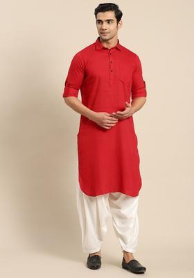 Red Self Design Cotton Kurta Set For Men