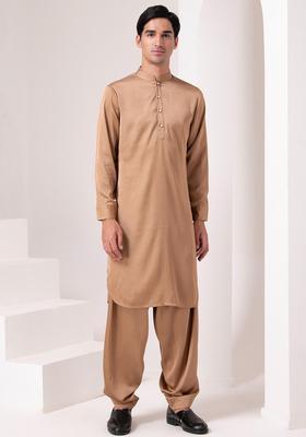 Brown Solid Polyester Kurta Set For Men