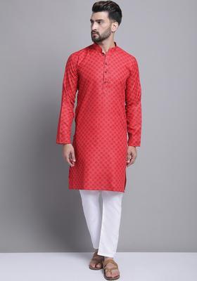 Red Printed Cotton Kurta Set For Men