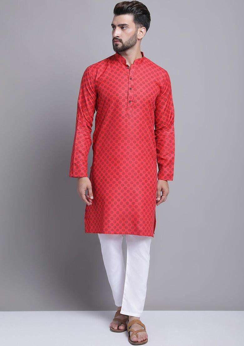 Red Printed Cotton Kurta Set For Men - Indya