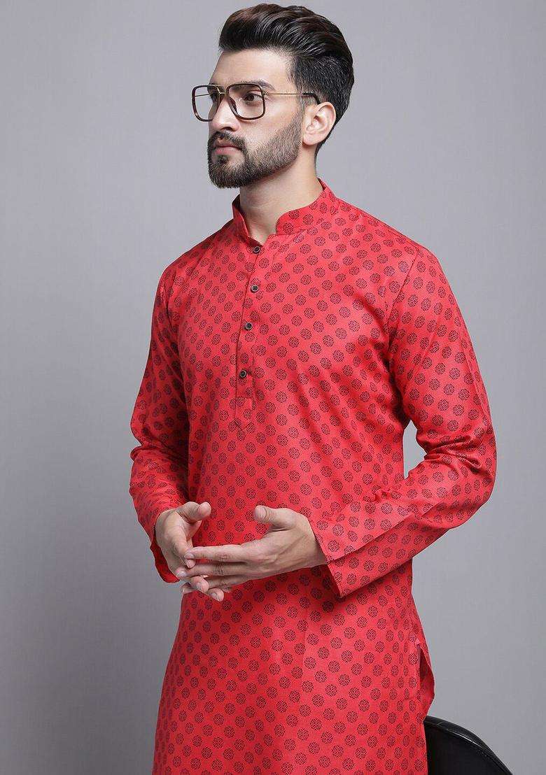 Red Printed Cotton Kurta Set For Men - Indya