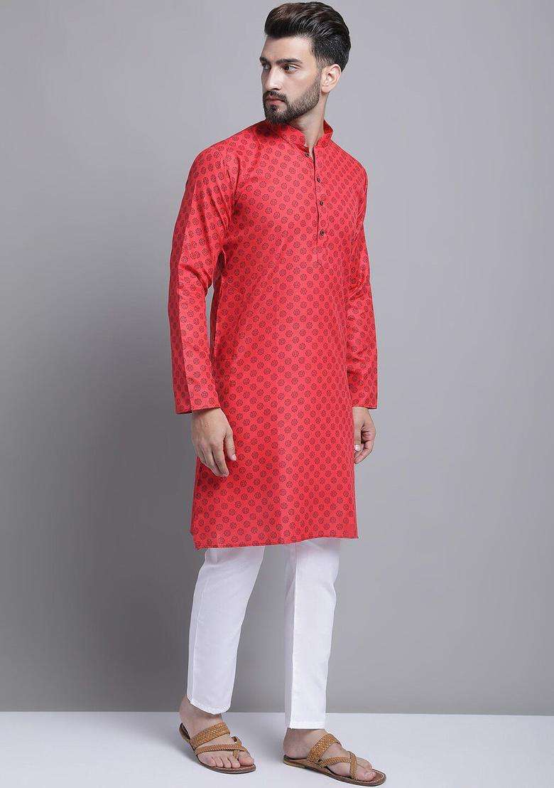 Red Printed Cotton Kurta Set For Men - Indya