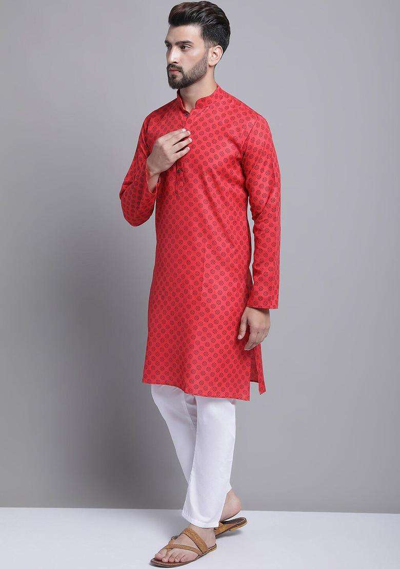 Red Printed Cotton Kurta Set For Men - Indya