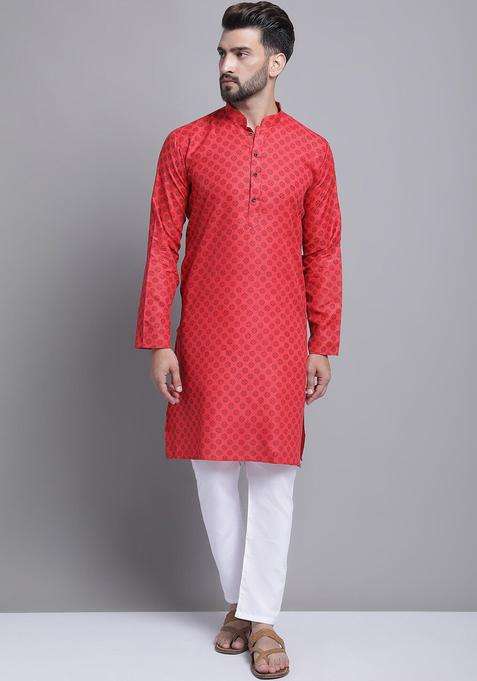 Red Printed Cotton Kurta Set For Men