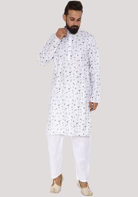 White Printed Cotton Kurta Set For Men