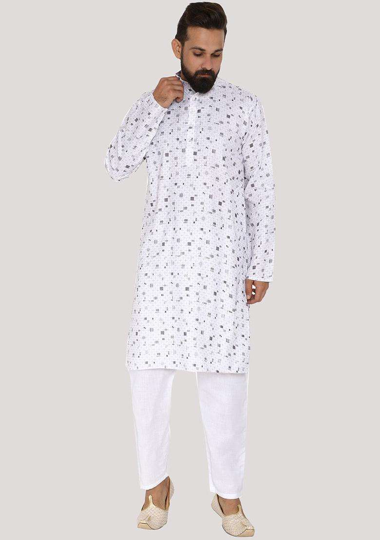 White Printed Cotton Kurta Set For Men - Indya