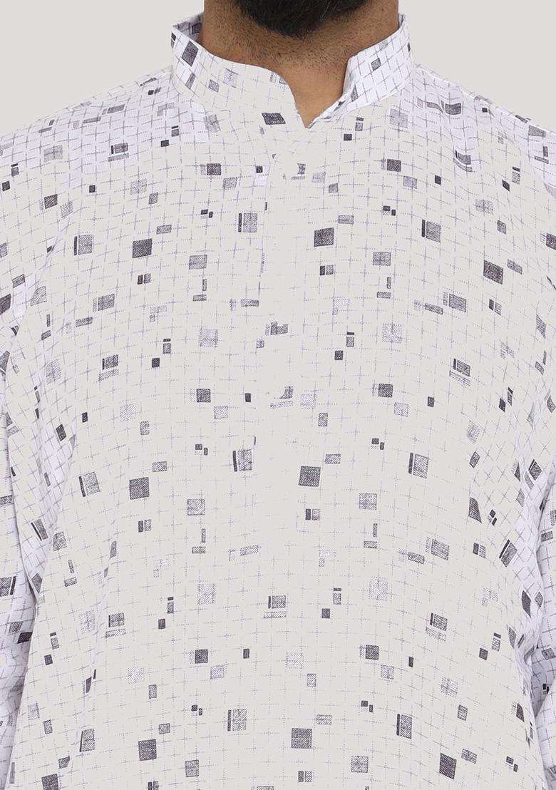 White Printed Cotton Kurta Set For Men - Indya