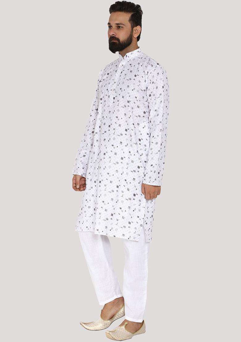 White Printed Cotton Kurta Set For Men - Indya