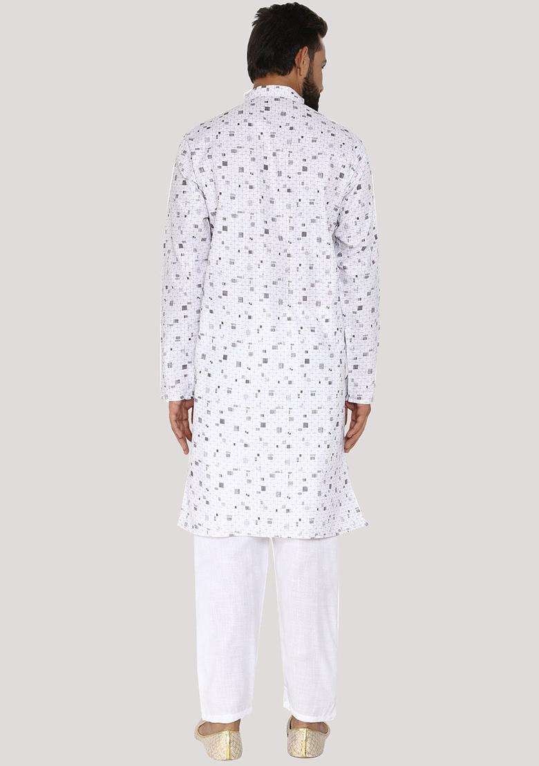 White Printed Cotton Kurta Set For Men - Indya