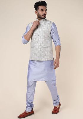 Grey Solid Silk Kurta Set For Men
