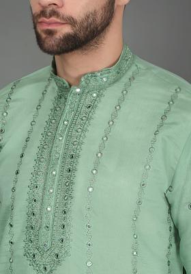 Green Embroidered Silk Kurta Set For Men
