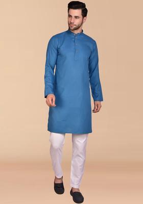Blue Solid Cotton Kurta Set For Men