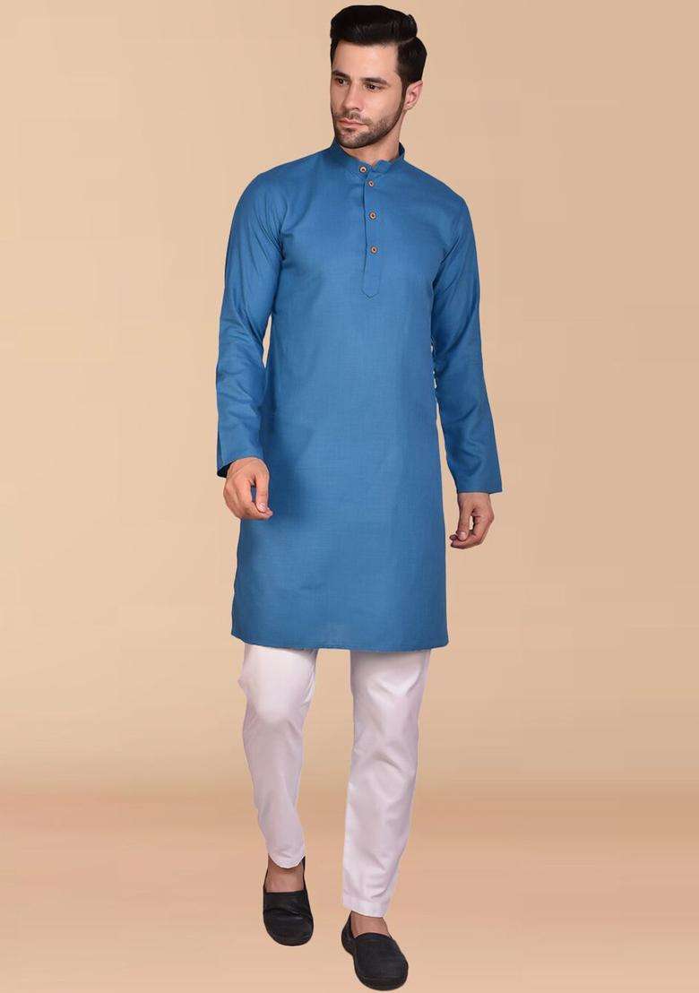 Blue Solid Cotton Kurta Set For Men - Indya