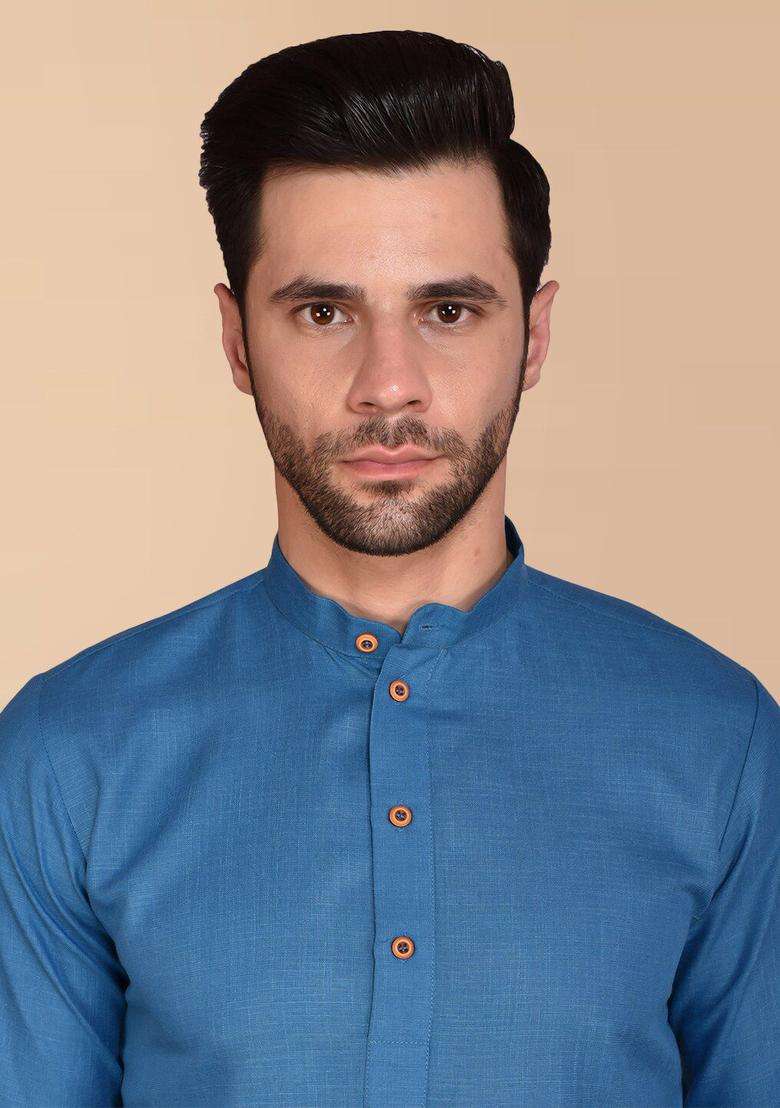 Blue Solid Cotton Kurta Set For Men - Indya