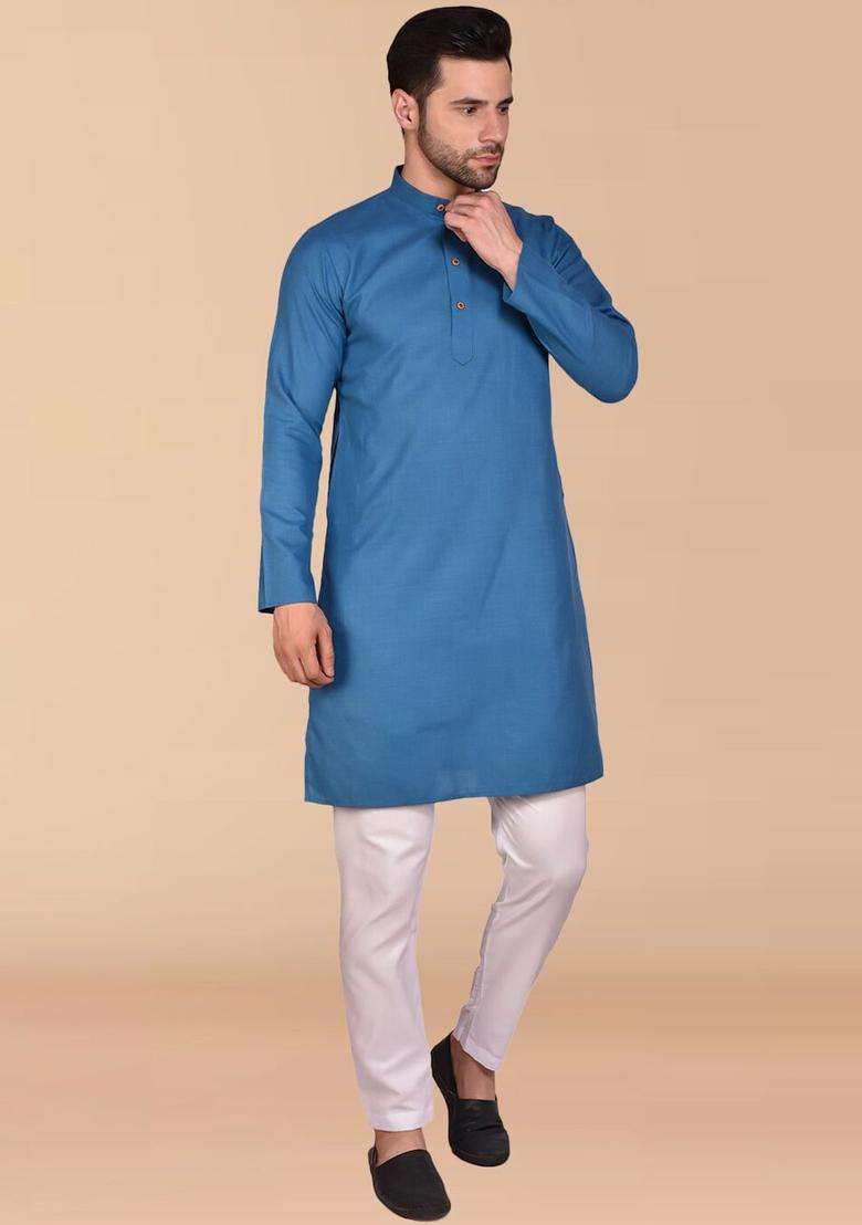 Blue Solid Cotton Kurta Set For Men - Indya