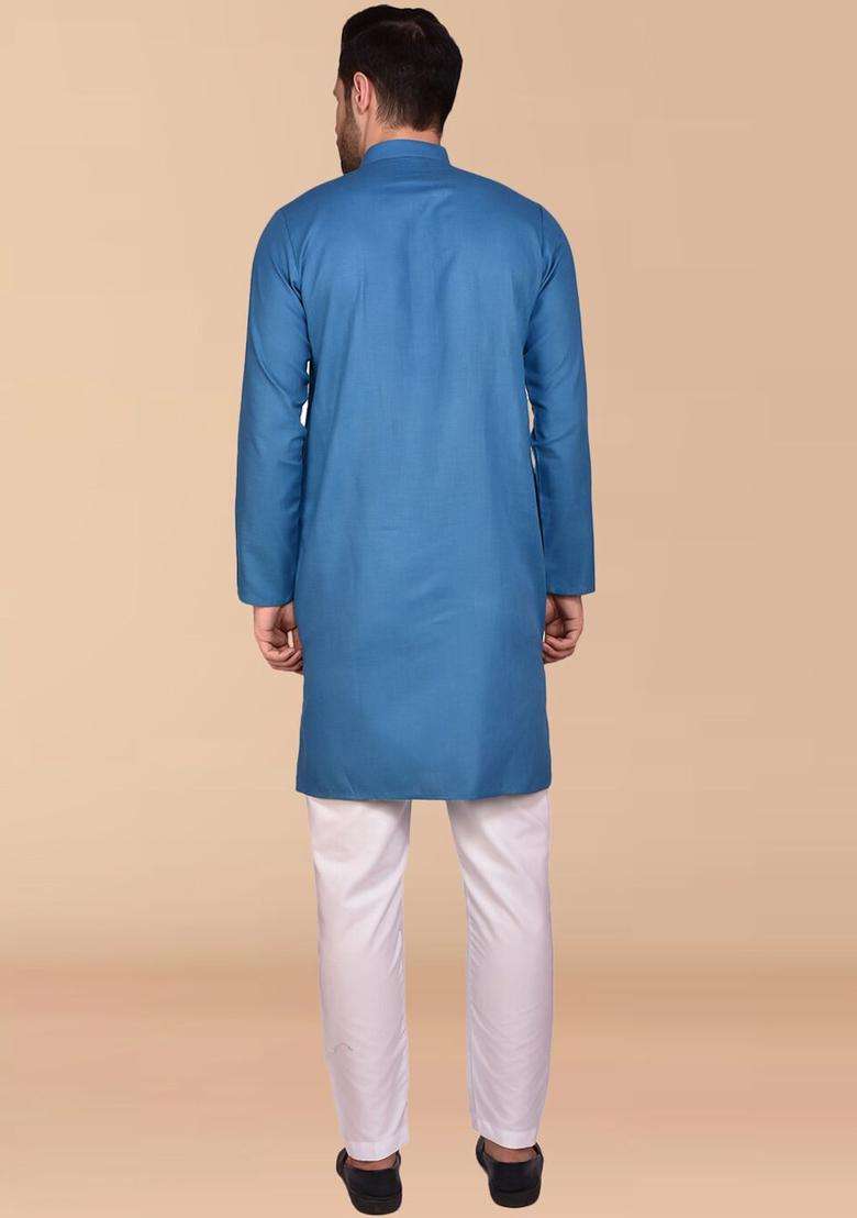 Blue Solid Cotton Kurta Set For Men - Indya