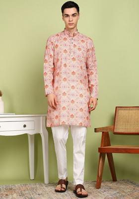 Beige Printed Cotton Kurta Set For Men