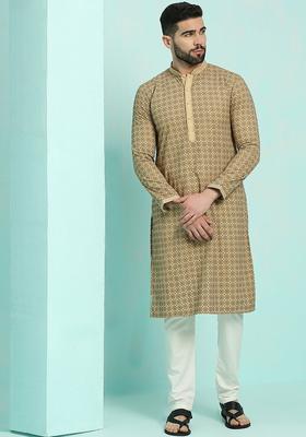 Coffee Brown Embroidered Cotton Kurta Set For Men