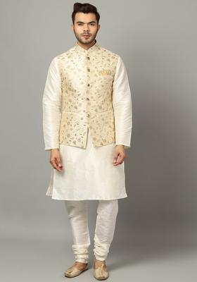 Off White Woven Design Silk Kurta Set For Men