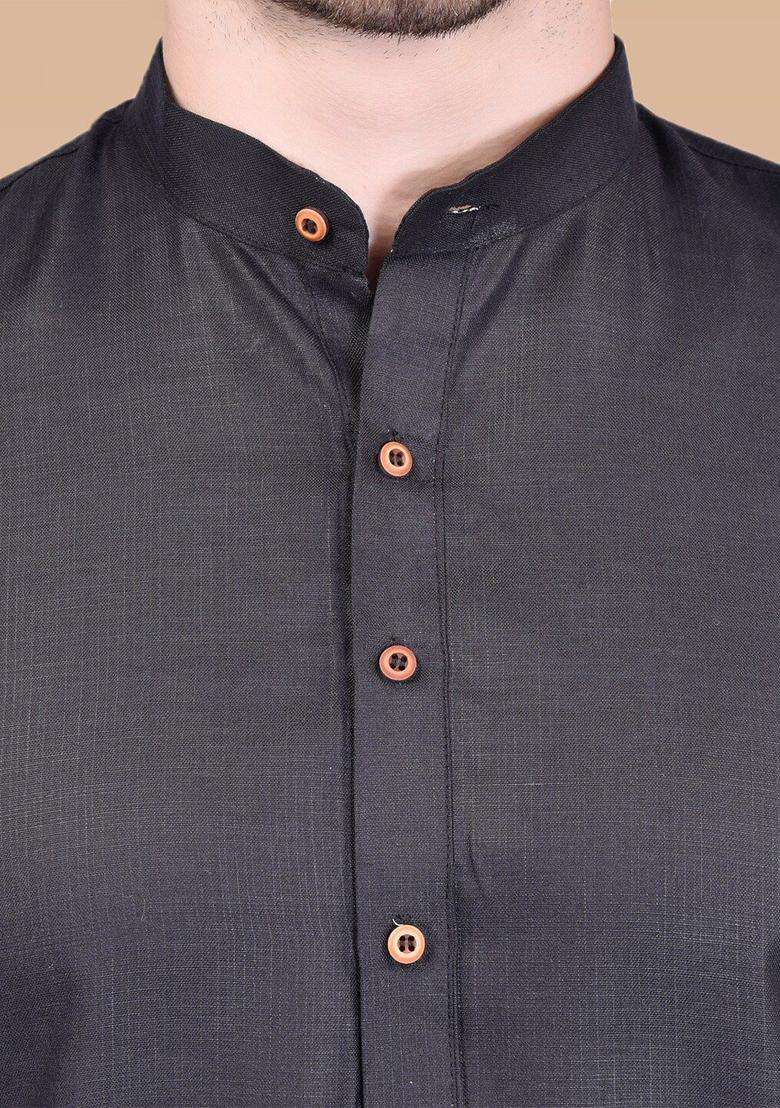 Black Solid Cotton Kurta Set For Men - Indya