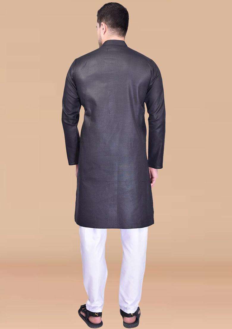 Black Solid Cotton Kurta Set For Men - Indya