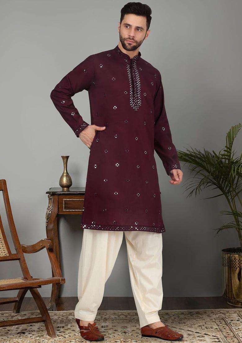 Purple Embroidered Silk Blend Kurta Set For Men - Indya