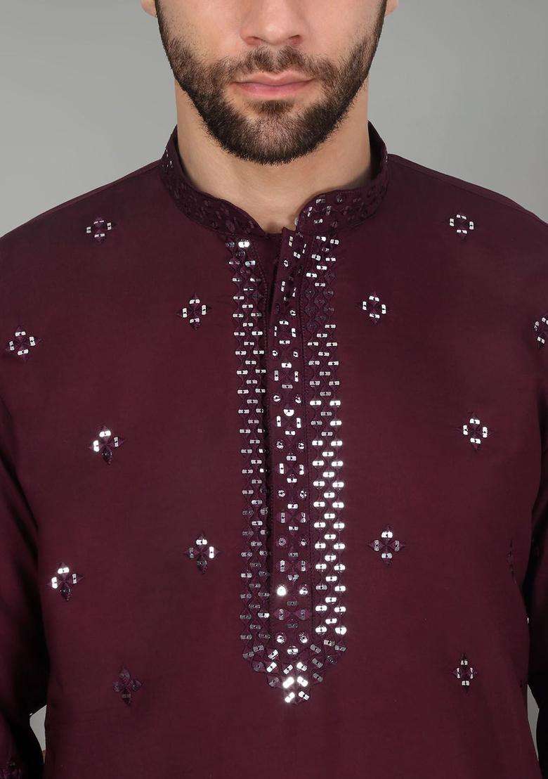 Purple Embroidered Silk Blend Kurta Set For Men - Indya