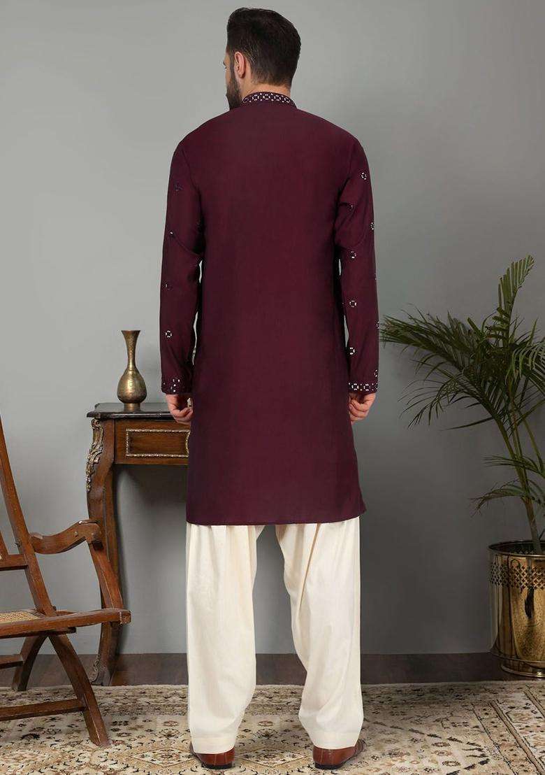 Purple Embroidered Silk Blend Kurta Set For Men - Indya