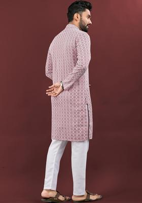 Pink Printed Cotton Kurta Set For Men