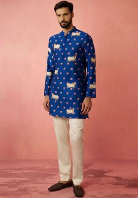 Blue Printed Silk Kurta Set For Men