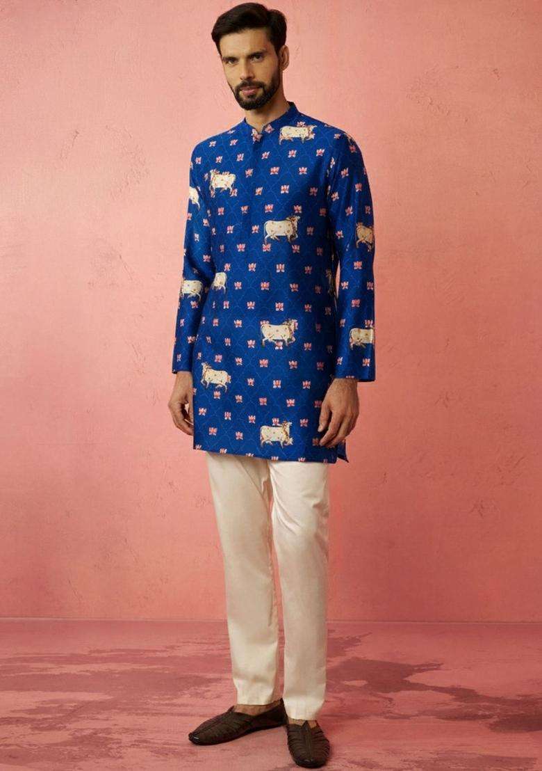 Blue Printed Silk Blend Kurta Set For Men - Indya