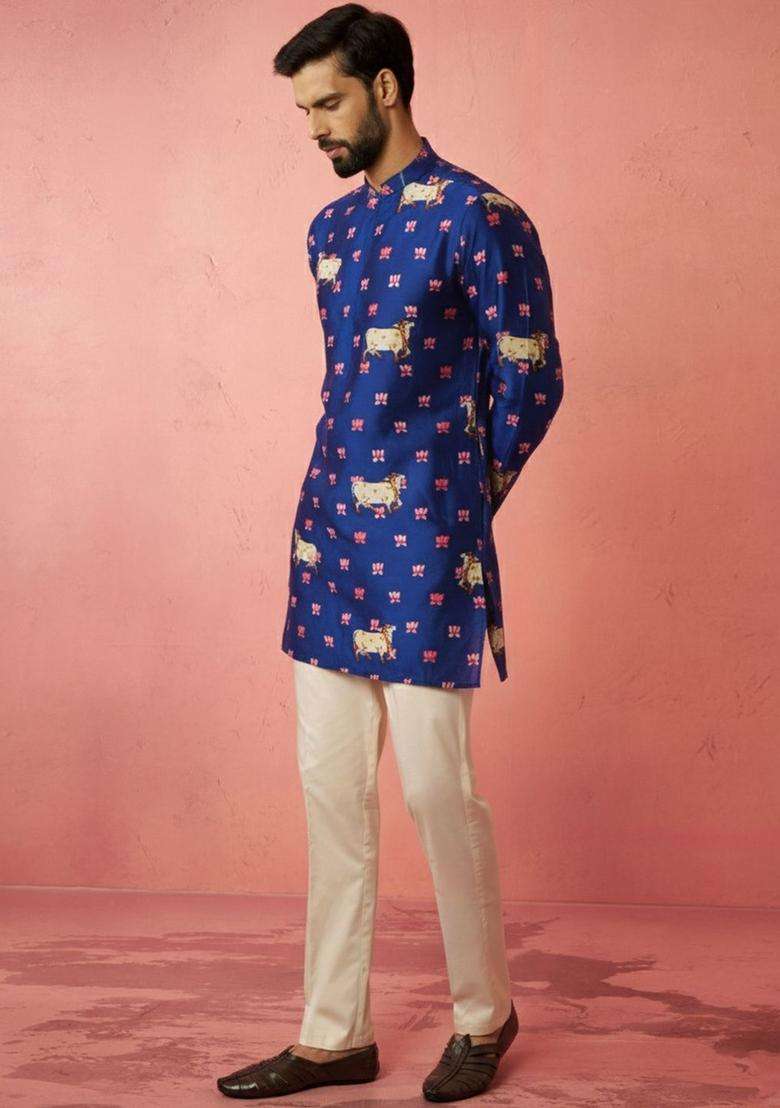 Blue Printed Silk Blend Kurta Set For Men - Indya